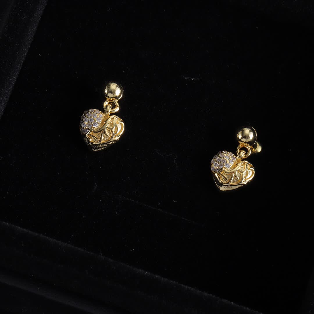 Chrome Hearts Gold Heart Stud Earrings with Diamond Accents